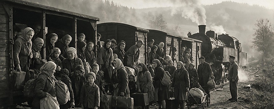 Vertriebene im Güterzug, Sudetenland 1946 – historische Illustration durch KI -880x350